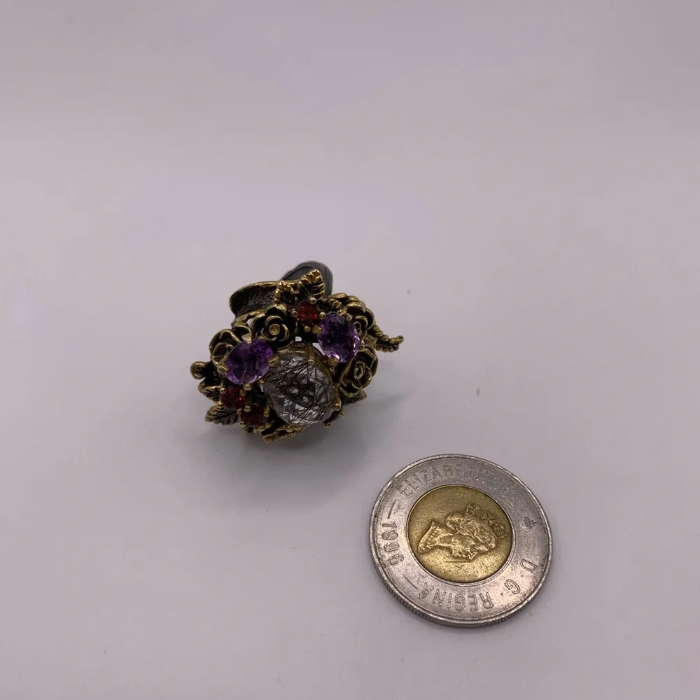 Handmade Sterling Silver Gold-Plated Rutilated Amethyst Garnet Ring" - Picture 7 of 8